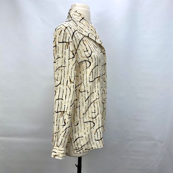 Tess Womans Silk Blouse Medium Button Front Long Sleeves Soft Art Print Career - Picture 10 of 12